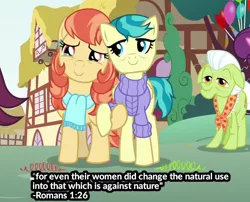 Size: 554x448 | Tagged: safe, derpibooru import, edit, edited screencap, screencap, aunt holiday, auntie lofty, granny smith, earth pony, pegasus, pony, the last crusade, bible verse, caption, clothes, cropped, female, homophobia, image macro, mare, religion, scarf, shitposting, sweater, text