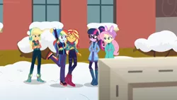 Size: 1600x900 | Tagged: safe, derpibooru import, screencap, applejack, fluttershy, rainbow dash, sci-twi, sunset shimmer, twilight sparkle, equestria girls, equestria girls series, holidays unwrapped, spoiler:eqg series (season 2), boots, bunny ears, canvas, clothes, coat, glasses, hat, jacket, ponytail, shoes, snow, toque, window, winter outfit
