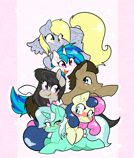 Size: 2550x3000 | Tagged: safe, artist:purrling, derpibooru import, bon bon, derpy hooves, doctor whooves, lyra heartstrings, octavia melody, sweetie drops, time turner, vinyl scratch, earth pony, pegasus, pony, unicorn, adorabon, background six, blushing, bon bon is not amused, cute, derpabetes, doctorbetes, ear fluff, female, lesbian, lyrabetes, lyrabon, male, mare, one eye closed, open mouth, profile, shipping, stallion, tavibetes, unamused, vinylbetes, wink