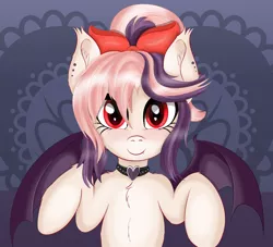 Size: 4426x4025 | Tagged: safe, artist:sethisto, derpibooru import, oc, oc:sweet velvet, unofficial characters only, bat pony, pony, bat pony oc, bat wings, chest fluff, choker, cute, heart, looking at you, multicolored hair, ocbetes, red eyes, solo, wings