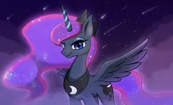 Size: 987x600 | Tagged: safe, artist:hosikawa, derpibooru import, princess luna, alicorn, pony, cloud, cute, ethereal mane, female, glowing horn, horn, lunabetes, mare, night, shooting star, sky, solo, spread wings, starry eyes, starry mane, starry night, wingding eyes, wings