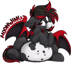 Size: 1902x1683 | Tagged: safe, artist:mulberrytarthorse, derpibooru import, oc, oc:moonwing, unofficial characters only, bat pony, hybrid, pony, badge, belly, belly button, bhm, big belly, chubby, fat, male, simple background, solo, transparent background