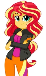 Size: 681x1135 | Tagged: safe, artist:rosemile mulberry, derpibooru import, sunset shimmer, equestria girls, clothes, crossed arms, cute, female, jacket, pants, shimmerbetes, simple background, smiling, solo, white background