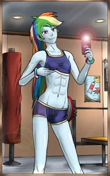 Size: 1200x1920 | Tagged: suggestive, artist:symptom99, derpibooru import, rainbow dash, equestria girls, abs, belly button, breasts, clothes, delicious flat chest, gym, gym uniform, mobile phone, phone, rainbow flat, selfie, smartphone, solo, sports, sports bra