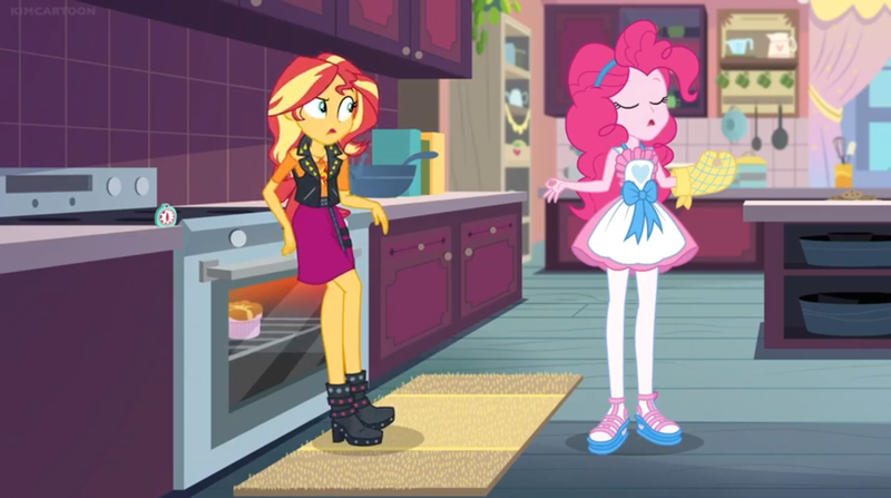 Size: 1600x894 | Tagged: safe, derpibooru import, screencap, pinkie pie, sunset shimmer, equestria girls, equestria girls series, holidays unwrapped, spoiler:eqg series (season 2), apron, boots, bow, bowl, cabinet, clothes, confused, drawer, kitchen, lotus position, meditating, meditation, mug, oven, oven mitt, pan, rug, shelf, shoes, slippers, stove, timer