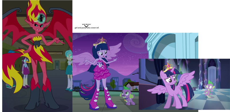 Size: 2710x1326 | Tagged: safe, derpibooru import, edit, edited edit, screencap, spike, sunset shimmer, tennis match, thunderbass, twilight sparkle, twilight sparkle (alicorn), velvet sky, alicorn, demon, dog, dragon, pony, equestria girls, equestria girls (movie), background human, big crown thingy, boots, clothes, comparison, crown, dress, element of magic, fall formal outfits, high heel boots, jewelry, ponied up, ponytail, reference, regalia, shoes, size comparison, sparkles, spike the dog, sunset satan, twilight ball dress, wings