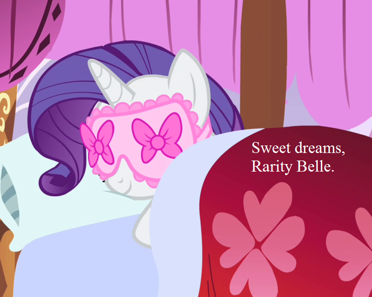 Size: 740x592 | Tagged: bed, cropped, cute, derpibooru import, edit, edited screencap, for whom the sweetie belle toils, four-post bed, raribetes, rarity, safe, screencap, sleeping, sleep mask, text