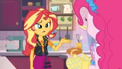 Size: 1600x900 | Tagged: safe, derpibooru import, screencap, pinkie pie, sunset shimmer, equestria girls, equestria girls series, holidays unwrapped, spoiler:eqg series (season 2), bow, confused, cup, duo, duo female, egg beater, female, hair bow, kitchen, mixer, oven mitts, pan, pitcher, ramekin, souffle