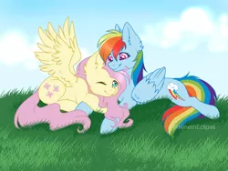 Size: 1200x900 | Tagged: safe, artist:ninetheclipse, derpibooru import, fluttershy, rainbow dash, pegasus, pony, cuddling, female, flutterdash, folded wings, grass, lesbian, looking at each other, mare, one eye closed, outdoors, prone, shipping, smiling, spread wings, wings, wink