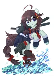 Size: 600x848 | Tagged: safe, artist:temecharo, artist:temecharosan, derpibooru import, ponified, earth pony, pony, anime, braid, braided tail, clothes, female, gloves, kantai collection, mare, sailor uniform, shigure, shipmare, shiratsuyu-class destroyer, skirt, solo, torpedo, turret, uniform