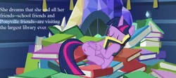 Size: 1215x540 | Tagged: a health of information, alicorn, book, book nest, cropped, cute, derpibooru import, edit, edited screencap, library, princess sleeping on books, safe, screencap, sleeping, solo, text, that pony sure does love books, twiabetes, twilight's castle, twilight's castle library, twilight sparkle, twilight sparkle (alicorn)