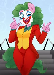 Size: 3648x5000 | Tagged: safe, artist:liziedoodle, derpibooru import, pinkie pie, anthro, earth pony, arthur fleck, clothes, clown, clown makeup, dyed mane, dyed tail, female, image, joaquin phoenix, joker (2019), joker stairs, pinkie joker, png, solo, staircase, stairs, suit, the joker