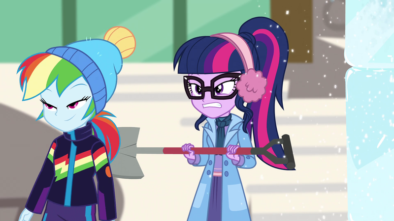 Size: 1920x1080 | Tagged: safe, derpibooru import, screencap, rainbow dash, sci-twi, twilight sparkle, equestria girls, equestria girls series, holidays unwrapped, spoiler:eqg series (season 2), canterlot high, clothes, shovel, winter outfit