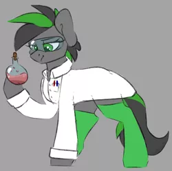 Size: 4651x4609 | Tagged: safe, artist:spoopygander, derpibooru import, oc, oc:varah bubble, unofficial characters only, earth pony, pony, alchemy, clothes, curious, drink, earth pony oc, female, flask, goggles, image, lab coat, mare, multicolored hair, patreon, patreon reward, png, potion, round bottom flask, safety goggles, science, scientist, serious, serious face, simple background, sketch, socks, soda, solo