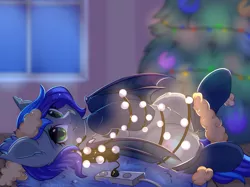 Size: 2732x2048 | Tagged: safe, artist:alphadesu, derpibooru import, oc, oc:lunar aurora, unofficial characters only, bat pony, pony, bat pony oc, bat wings, christmas, christmas lights, christmas tree, clothes, commission, cute, cute little fangs, fangs, female, green eyes, holiday, mare, socks, solo, tangled up, tree, wings, ych result