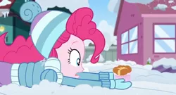 Size: 1600x862 | Tagged: safe, derpibooru import, screencap, pinkie pie, equestria girls, equestria girls series, holidays unwrapped, spoiler:eqg series (season 2), clothes, coat, house, lying down, mittens, outdoors, ramekin, saving pinkie's pie, snow, solo, souffle, window, winter, winter outfit