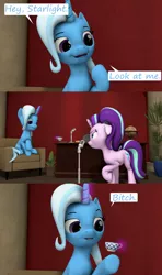 Size: 1920x3240 | Tagged: safe, artist:a talking cabbage, derpibooru import, starlight glimmer, trixie, pony, 3 panel comic, 3d, angry, bitch, chair, comic, cup, levitation, magic, microphone, outtakes, smug, source filmmaker, teacup, telekinesis, the eric andre show, vulgar