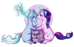 Size: 900x572 | Tagged: safe, artist:superhoneyb33, derpibooru import, starlight glimmer, trixie, pony, braid, braiding, female, lesbian, magic, obtrusive watermark, shipping, startrix, telekinesis, watermark