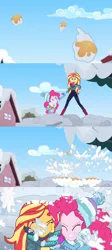 Size: 1598x3556 | Tagged: safe, derpibooru import, edit, edited screencap, screencap, pinkie pie, sunset shimmer, equestria girls, equestria girls series, holidays unwrapped, spoiler:eqg series (season 2), apple juice, attack, comic, holding hands, house, hug, incoming, juice, rescue, screencap comic, sky, snow, snowball, snowball fight, splash, taking cover, winter