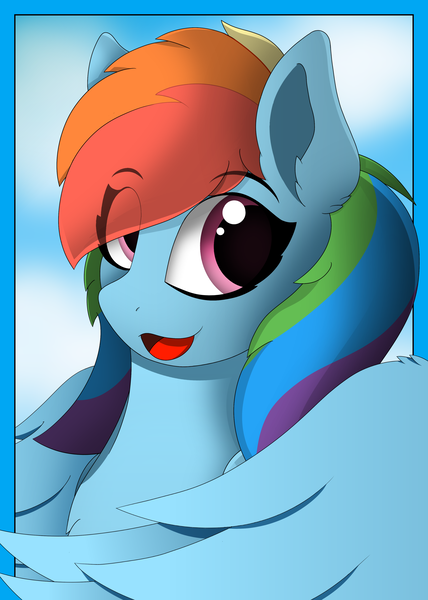 Size: 3400x4771 | Tagged: safe, alternate version, artist:iamjustfine, artist:kimspyr, derpibooru import, rainbow dash, pegasus, pony, bust, cute, dashabetes, ear fluff, eye clipping through hair, female, mare, open mouth, portrait, solo