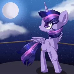 Size: 1024x1024 | Tagged: safe, artist:rue-willings, derpibooru import, twilight sparkle, twilight sparkle (alicorn), alicorn, pony, balcony, cloud, cute, female, full moon, looking at something, mare, missing cutie mark, moon, night, sky, solo, twiabetes
