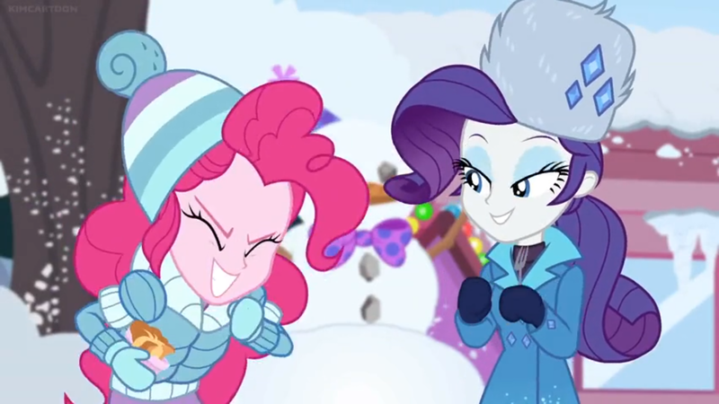 Size: 1600x900 | Tagged: safe, derpibooru import, screencap, pinkie pie, rarity, equestria girls, equestria girls series, holidays unwrapped, spoiler:eqg series (season 2), clothes, coat, duo, duo female, elated, female, fork, happy, hat, jacket, ramekin, rarity's winter hat, snowman, souffle, toque, ushanka, winter outfit