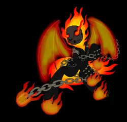 Size: 1809x1741 | Tagged: safe, artist:midnightfire1222, derpibooru import, ponified, bat pony, pony, black background, chains, fire, ghost rider, pyromancy, simple background, skeletal, solo, wings