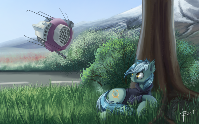 Size: 1600x1000 | Tagged: safe, artist:jackpax, derpibooru import, lyra heartstrings, parasprite, pony, fallout equestria, fanfic:background pony, clothes, eyebot, grass, hoodie, lying down, mountain, scenery, solo, spritebot, tree