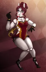 Size: 1560x2390 | Tagged: safe, artist:askbubblelee, derpibooru import, oc, oc:marionette, unofficial characters only, anthro, earth pony, unguligrade anthro, anthro oc, ball jointed doll, bodypaint, clothes, costume, digital art, female, halloween, halloween costume, holiday, living doll, makeup, mare, nightmare night costume, puppet, scar, wind up key