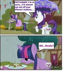 Size: 995x1121 | Tagged: safe, artist:avchonline, derpibooru import, edit, edited screencap, screencap, twilight sparkle, pony, unicorn, the ticket master, comic, daffodil and daisy sandwich, dialogue, female, hub logo, mare, rain, raised hoof, screencap comic, speech bubble, tree, umbrella, unicorn twilight, wet, wet mane