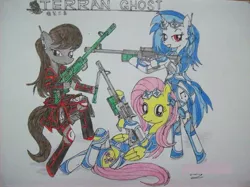 Size: 2848x2134 | Tagged: safe, artist:avchonline, derpibooru import, fluttershy, octavia melody, vinyl scratch, anthro, earth pony, pegasus, pony, unguligrade anthro, unicorn, armor, bipedal, clothes, cutie mark, dress, female, gun, headset, hooves, lying down, mare, optical sight, rifle, smiling, sniper rifle, starcraft 2, teeth, text, traditional art, weapon, wings