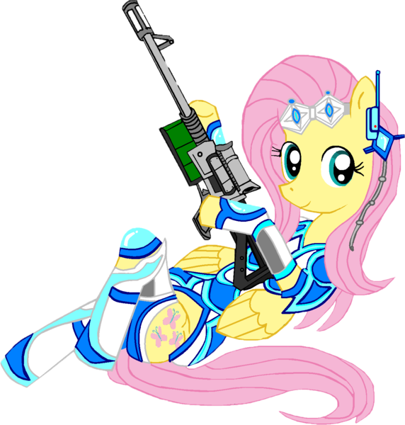 Size: 1366x1432 | Tagged: safe, alternate version, artist:avchonline, derpibooru import, fluttershy, anthro, pegasus, pony, unguligrade anthro, anatomically incorrect, armor, black and white, cutie mark, female, grayscale, gun, headset, hooves, incorrect leg anatomy, lying down, mare, monochrome, optical sight, pose, rifle, simple background, sitting, smiling, sniper rifle, solo, starcraft 2, transparent background, weapon, wings