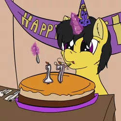 Size: 1000x1000 | Tagged: safe, artist:littlepony115, derpibooru import, oc, pony, unicorn, birthday, black mane, cake, food, fork, gift for friend, knife, male, purple eyes, solo, spoon, stallion, yellow coat