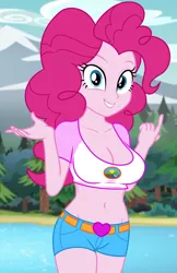 Size: 900x1385 | Tagged: safe, derpibooru import, edit, edited screencap, editor:ah96, screencap, pinkie pie, equestria girls, legend of everfree, adorasexy, belly button, big breasts, breast edit, breasts, busty pinkie pie, camp everfree logo, camp everfree outfits, cleavage, clothes, cropped, cute, daisy dukes, female, looking at you, midriff, outdoors, sexy, shorts, solo, thighs