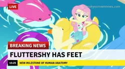Size: 719x400 | Tagged: safe, derpibooru import, edit, edited screencap, screencap, fluttershy, equestria girls, equestria girls series, i'm on a yacht, spoiler:eqg series (season 2), barefoot, break your own news, breaking news, captain obvious, clothes, eyeshadow, feet, flutterfeet, foot focus, lidded eyes, makeup, pool toy, shorts, slow news day, soles, solo, swimming pool, wiggling toes