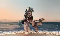 Size: 3117x1857 | Tagged: artist:pridark, beach, bipedal, commission, cute, derpibooru import, eyes closed, fallout equestria, fanfic:fallout equestria: wildest dreams, oc, ocean, oc:joey, oc:zuri, open mouth, pegasus, pegasus oc, purple eyes, reunion, safe, sand, unofficial characters only, wings, zebra, zebra oc