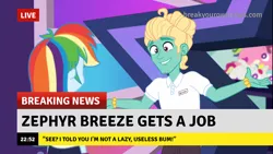 Size: 1280x720 | Tagged: safe, derpibooru import, edit, edited screencap, editor:someguy845, screencap, rainbow dash, zephyr breeze, equestria girls, equestria girls series, holidays unwrapped, spoiler:eqg series (season 2), break your own news, breaking news, canterlot mall, clothes, dashing through the mall, female, male, man bun, polo shirt, shirt, store