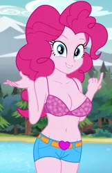 Size: 900x1385 | Tagged: suggestive, derpibooru import, edit, edited screencap, editor:ah96, screencap, pinkie pie, equestria girls, legend of everfree, belly button, big breasts, bra, breast edit, breasts, busty pinkie pie, cleavage, clothes, cropped, female, looking at you, polka dot underwear, polka dots, sexy, solo, underwear, underwear edit