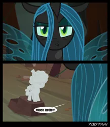 Size: 640x739 | Tagged: safe, derpibooru import, edit, edited screencap, editor:teren rogriss, screencap, cozy glow, queen chrysalis, changeling, changeling queen, pegasus, pony, frenemies (episode), cave, cobble glow, cozybuse, female, petrification, statue, wings
