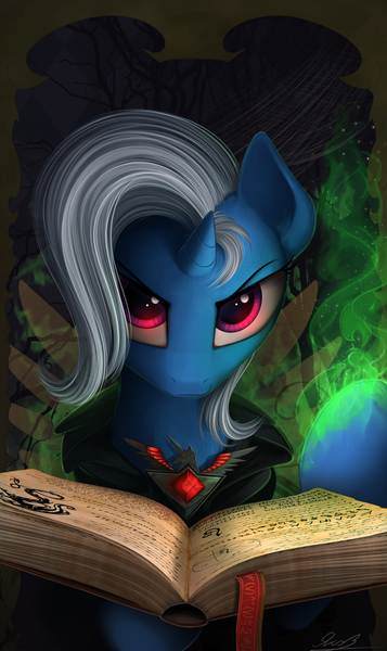 Size: 820x1380 | Tagged: safe, artist:yakovlev-vad, derpibooru import, edit, trixie, pony, unicorn, alicorn amulet, artificial wings, augmented, book, bookmark, cloak, clothes, cropped, female, fire, green fire, hoof hold, looking at you, magic, magic wings, mare, narrowed eyes, raised hoof, red eyes, smiling, smirk, solo, spellbook, wings