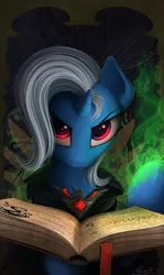 Size: 820x1380 | Tagged: safe, artist:yakovlev-vad, derpibooru import, edit, trixie, pony, unicorn, alicorn amulet, artificial wings, augmented, book, bookmark, cloak, clothes, cropped, female, fire, green fire, hoof hold, looking at you, magic, magic wings, mare, narrowed eyes, raised hoof, red eyes, smiling, smirk, solo, spellbook, wings