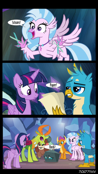 Size: 640x1134 | Tagged: safe, derpibooru import, edit, edited screencap, editor:teren rogriss, screencap, gallus, ocellus, silverstream, smolder, thorax, twilight sparkle, twilight sparkle (alicorn), alicorn, changedling, changeling, dragon, gryphon, hippogriff, pony, uprooted, cave, comic, disguise, disguised changeling, king thorax, paper, rock, rock paper scissors, rockellus, scissors, screencap comic