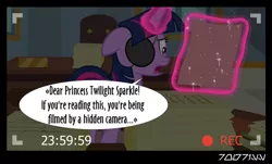 Size: 640x386 | Tagged: safe, derpibooru import, edit, edited screencap, editor:teren rogriss, screencap, twilight sparkle, twilight sparkle (alicorn), alicorn, pony, friendship university, camera view, disguise, eyepatch, eyepatch (disguise), solo