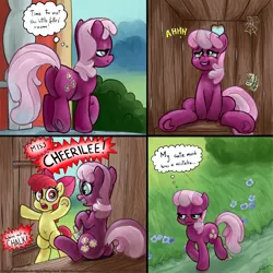 Size: 2001x2001 | Tagged: safe, alternate version, artist:smudge proof, derpibooru import, apple bloom, cheerilee, earth pony, pony, belly button, but why, butt, comic, dock, female, filly, frog (hoof), implied pissing, mare, outhouse, peegasm, pissing, plot, toilet, underhoof, urine