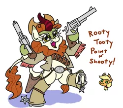 Size: 1289x1131 | Tagged: safe, artist:jargon scott, derpibooru import, applejack, autumn blaze, earth pony, kirin, pony, .357, applejack is not amused, bandolier, belt, belt buckle, bipedal, chaps, chibi, clothes, cowboy, cowboy hat, cute, dexterous hooves, dialogue, fangs, female, frown, glare, gun, handgun, hat, head, holster, hoof hold, horseshoes, jacket, looking at you, mare, no pupils, no trigger discipline, open mouth, raised leg, revolver, simple background, smiling, spurs, text, unamused, wat, weapon, white background