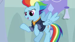 Size: 1920x1080 | Tagged: safe, derpibooru import, screencap, rainbow dash, pony, the last problem, alternate hairstyle, bags under eyes, clothes, cutie mark, female, flying, future, jacket, mare, older, older rainbow dash, raised hoof, solo, spread wings, time skip, wings, wrinkles