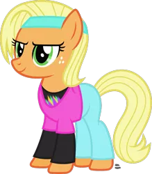 Size: 1059x1208 | Tagged: safe, artist:anime-equestria, derpibooru import, applejack, earth pony, pony, 80s, alternate hairstyle, clothes, female, freckles, hairband, long sleeve shirt, loose hair, shirt, short hair, simple background, smiling, solo, transparent background, vector, workout outfit