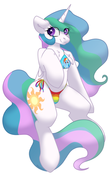 Size: 4000x6495 | Tagged: suggestive, artist:spoopygander, derpibooru import, princess celestia, rainbow dash, alicorn, pony, bikini, chest fluff, clothes, crotch bulge, cutie mark, ethereal mane, ethereal tail, female, flowing mane, flowing tail, futa, futa princess celestia, intersex, mare, multicolored mane, multicolored tail, rainbow, rainbow dash bikini, simple background, smiling, solo, swimsuit, transparent background