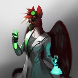 Size: 2000x2000 | Tagged: safe, artist:nsilverdraws, derpibooru import, oc, oc:drdenson, unofficial characters only, anthro, gryphon, beak, clothes, female, glow, goggles, lab coat, looking at you, potion, rule 63, science, scientist, simple background, solo, wings