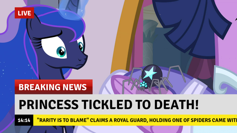 Size: 1382x777 | Tagged: safe, derpibooru import, edit, edited screencap, screencap, princess luna, twilight sparkle, twilight sparkle (alicorn), alicorn, pony, spider, star spider, the last problem, breaking news, clothes, coronation dress, dress, implied rarity, second coronation dress, tickling